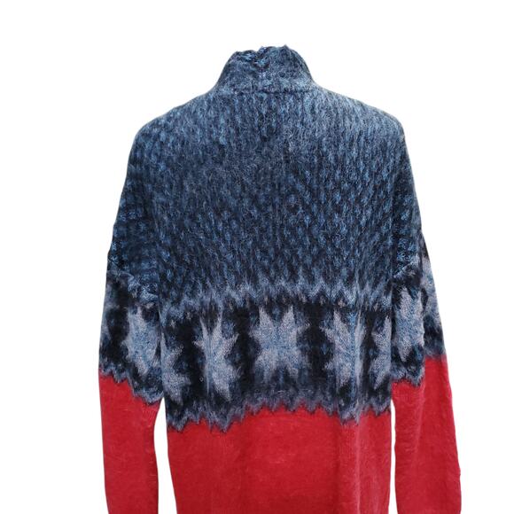 Kerisma Red Blue Fair Isle Open Front Cardigan Sweater Wool Mohair Pockets S / M - Picture 10 of 12